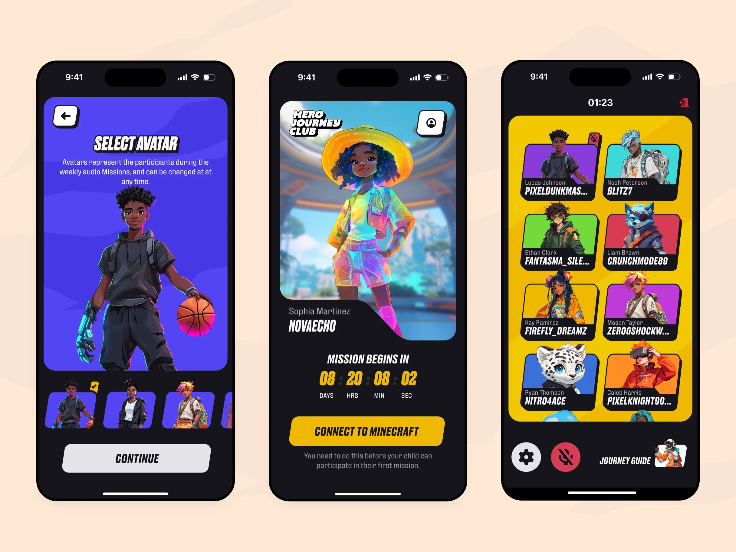 Hero Journey Club onboarding: choosing an avatar, a player card counting down to the first mission, and the squad roster of Minecraft handles.