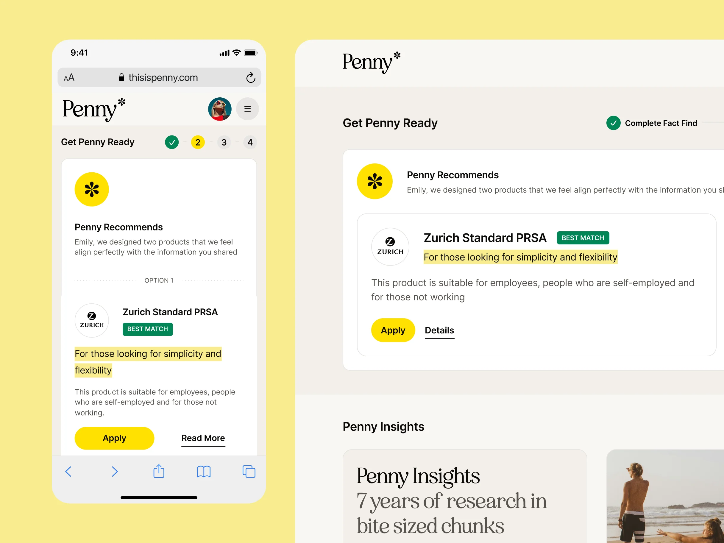 Penny's product recommendation: a matched Zurich PRSA pension carrying a best-match badge, on mobile and on the desktop Get Penny Ready dashboard.