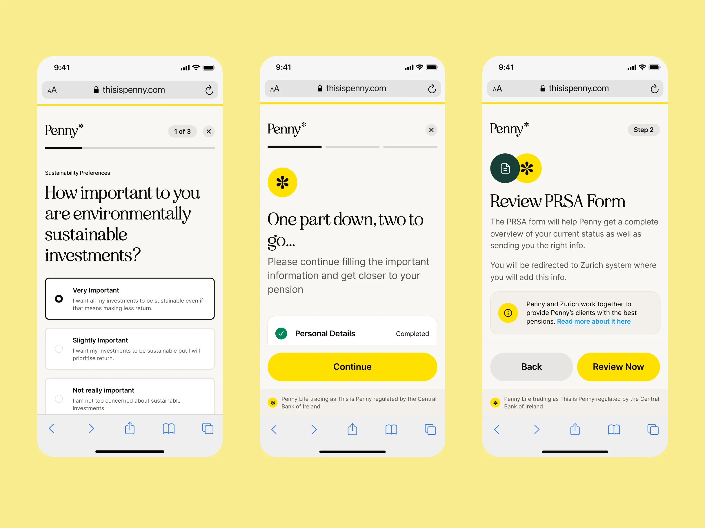Three steps of Penny's fact find — a question on sustainable investing, a progress checkpoint, and the PRSA form review.