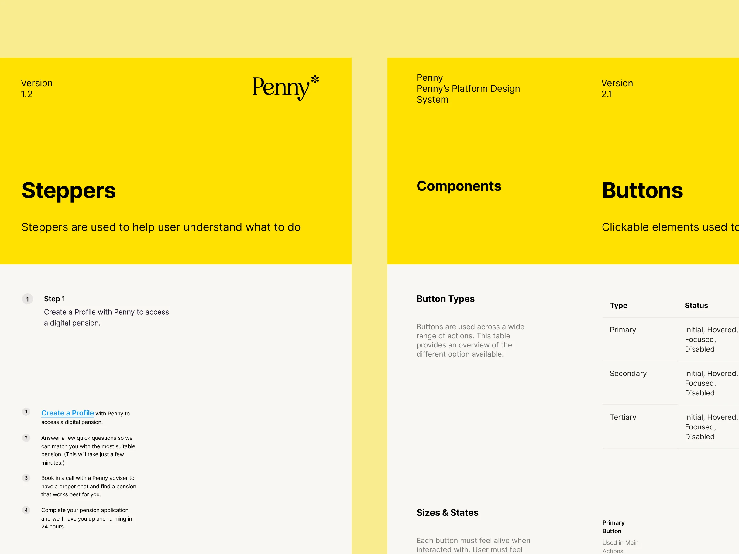 Pages from Penny's platform design system, documenting steppers and the button component's types, sizes and states.