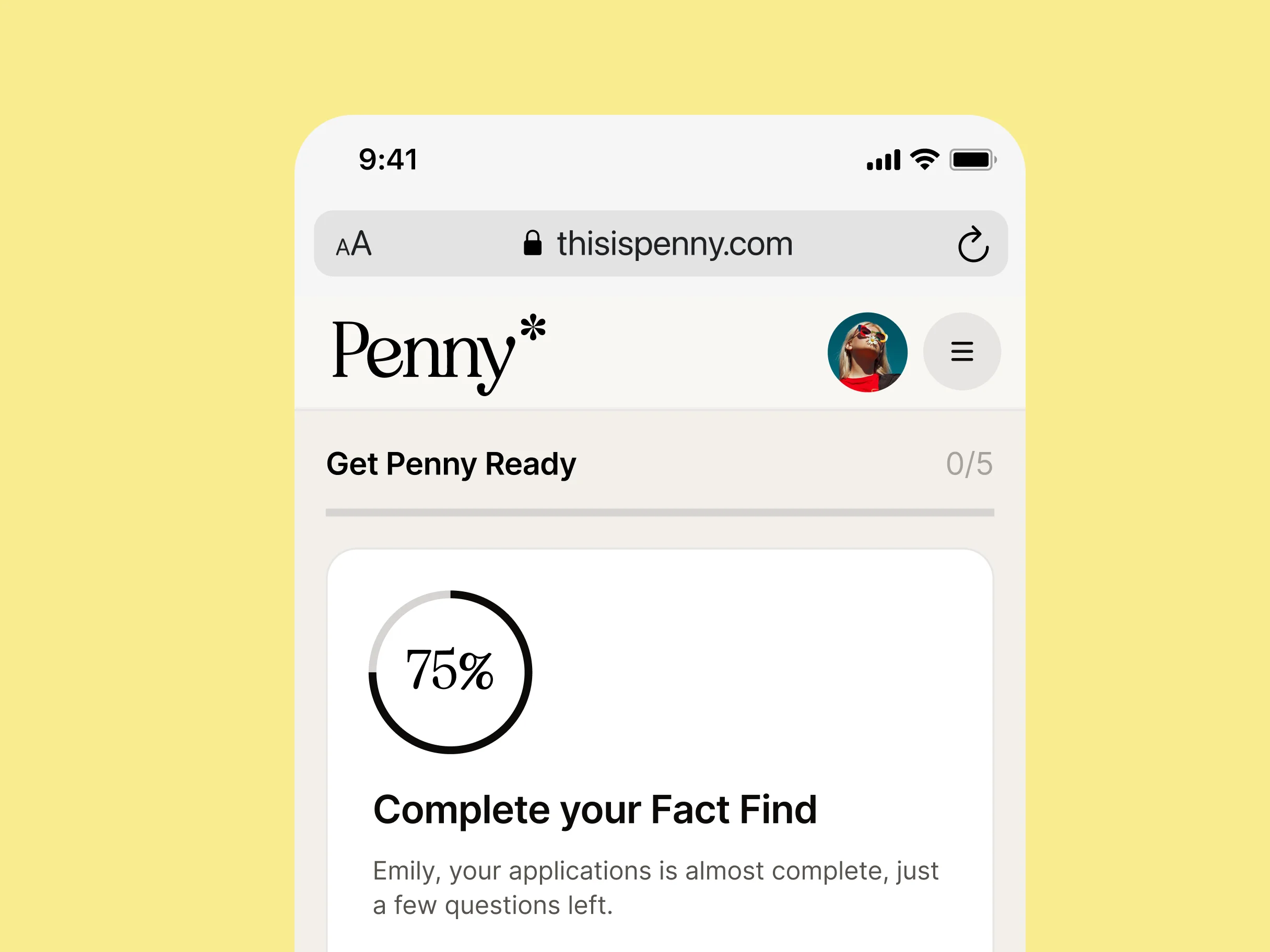 Penny's mobile dashboard nudging a 75 percent complete fact find toward the finish.