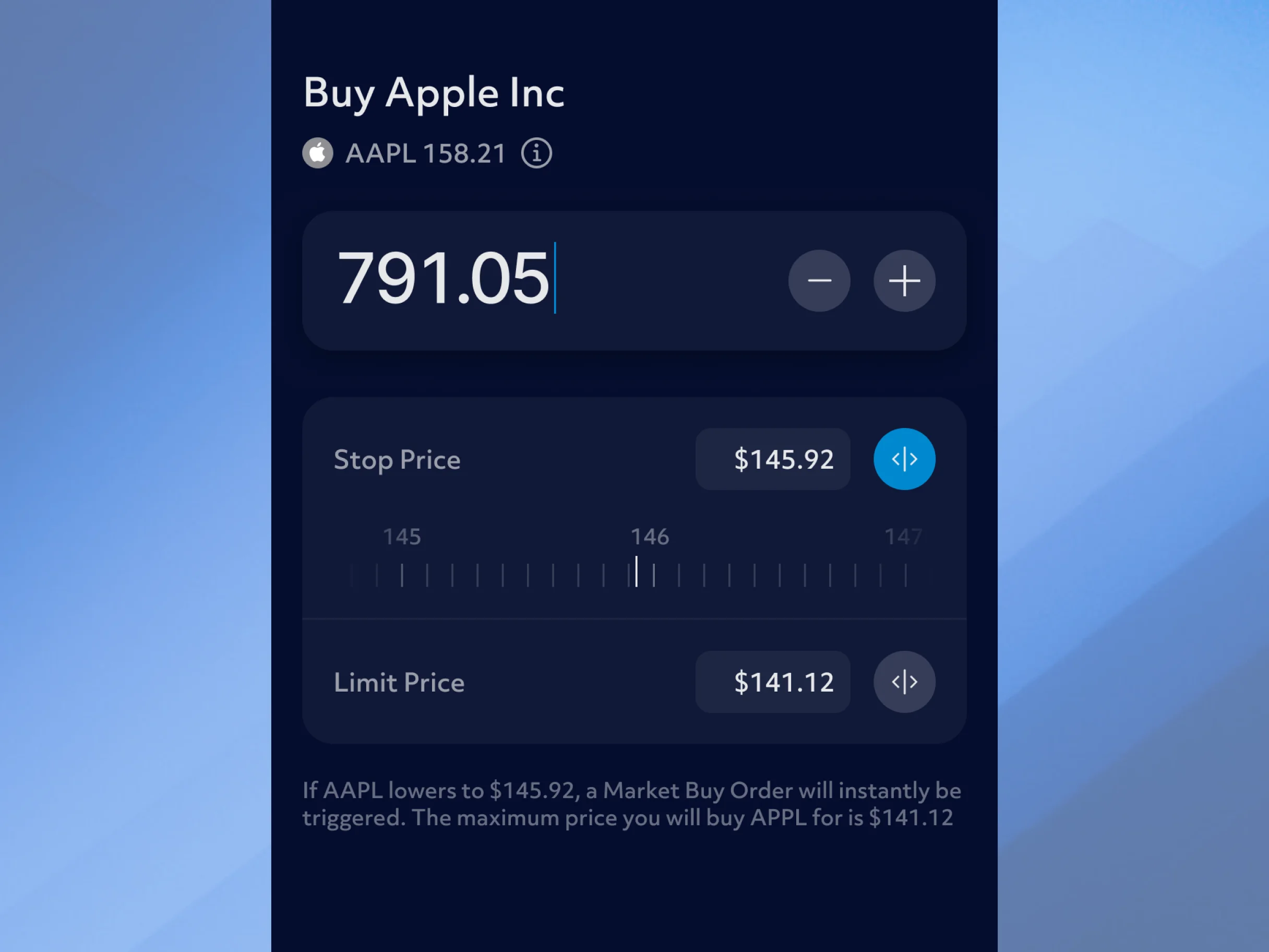 Stop-limit order entry for Apple, with draggable stop and limit price controls and a plain-English summary of what will trigger.