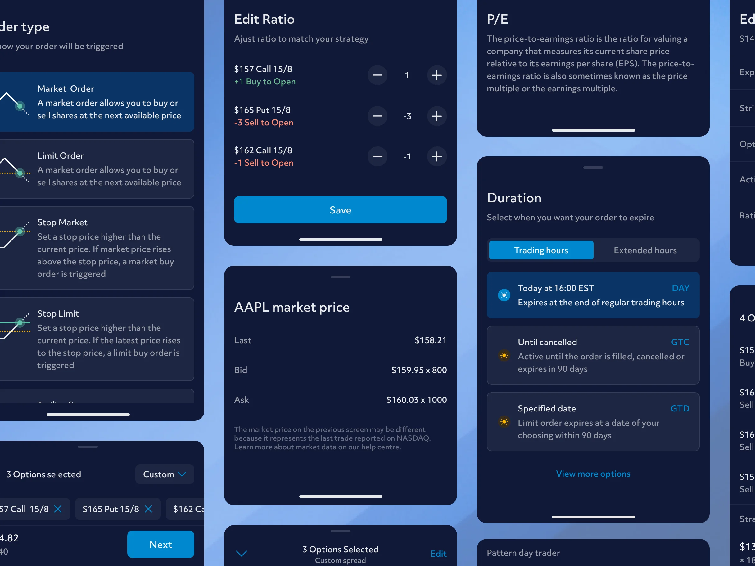 Supporting panels: order-type definitions, options ratio editing, a price-to-earnings explainer, and order duration options.