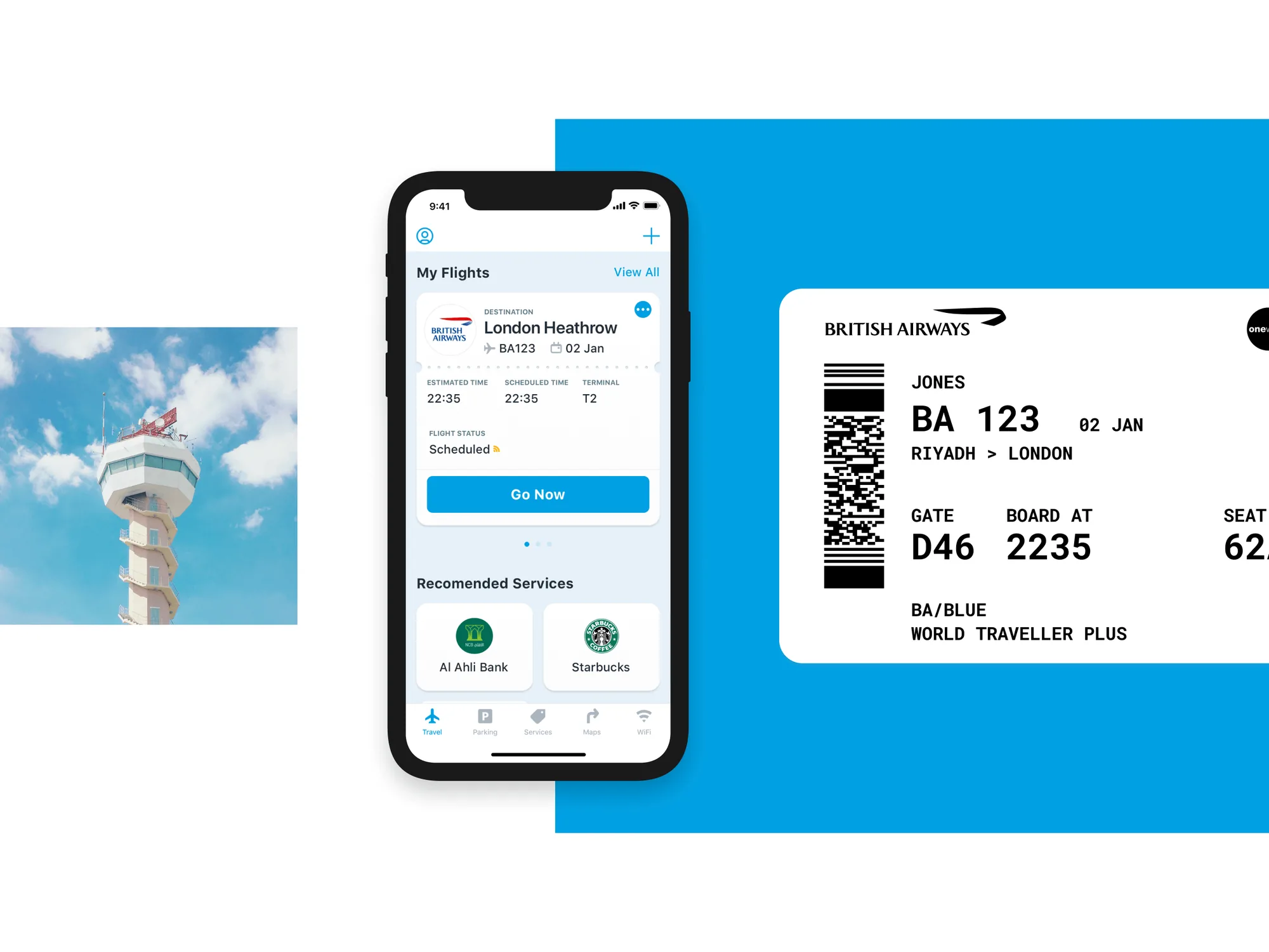 Home screen of the Riyadh Airports app.