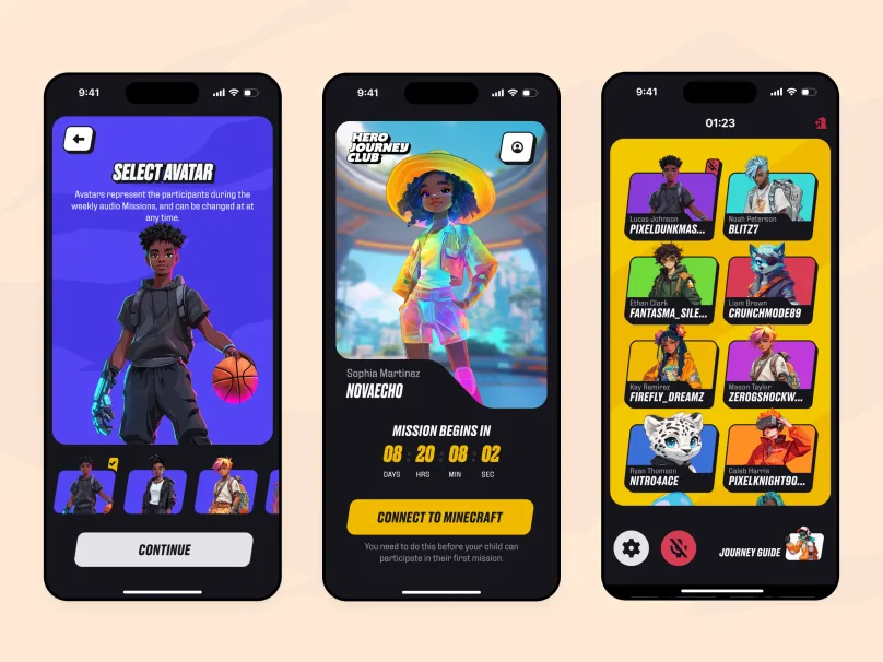 Hero Journey Club avatar-selection screen on a purple gradient background, with a basketball-holding character and a Continue button