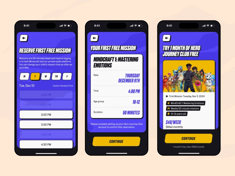 Hero Journey Club mission-booking flow: weekday and time picker, a confirmed Thursday session card, and a one-month free trial offer