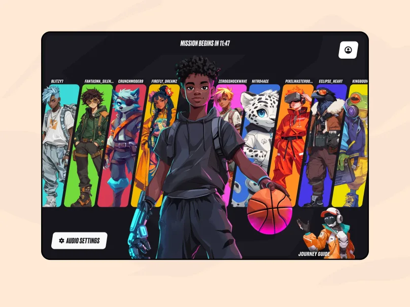 Hero Journey Club desktop session view with the full avatar lineup, a live mission countdown, and audio settings controls