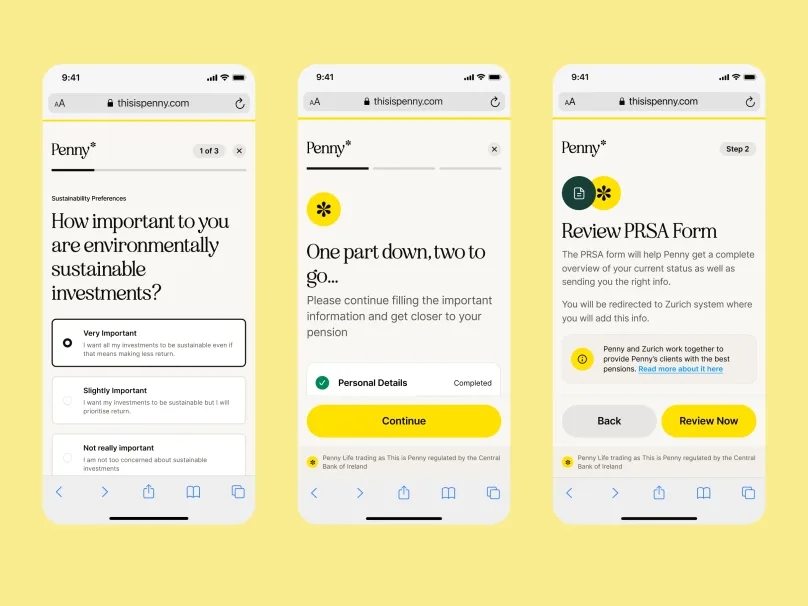 Penny onboarding flow: a sustainability-preference question, a step-progress screen, and the PRSA form review step