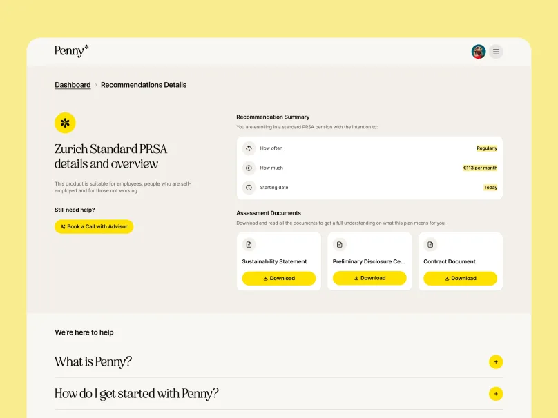 Penny recommendation-details page with the Zurich Standard PRSA contribution summary and downloadable assessment documents