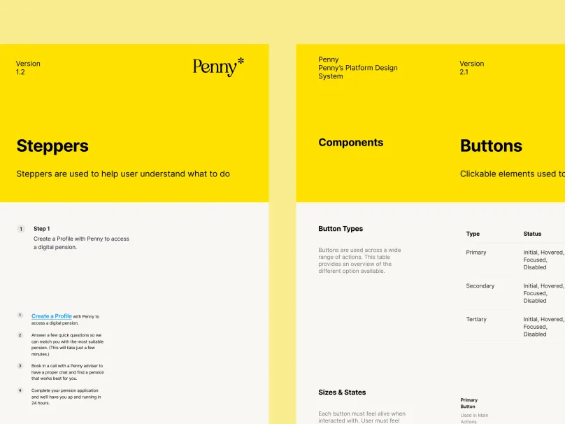 Penny's internal platform design system pages documenting the Steppers and Buttons components