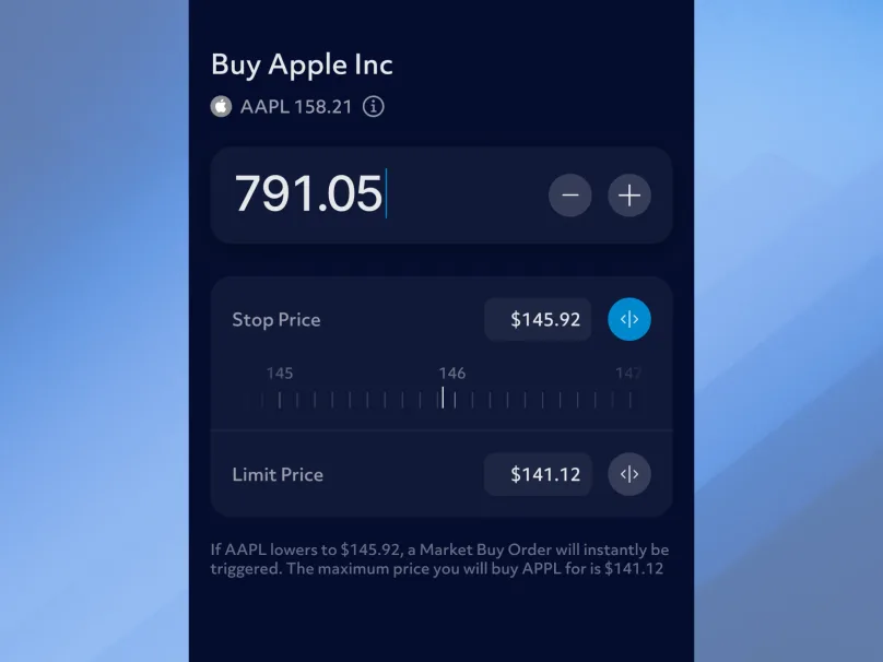 Sennep trading app stop-limit order screen for Apple Inc with adjustable stop and limit price sliders