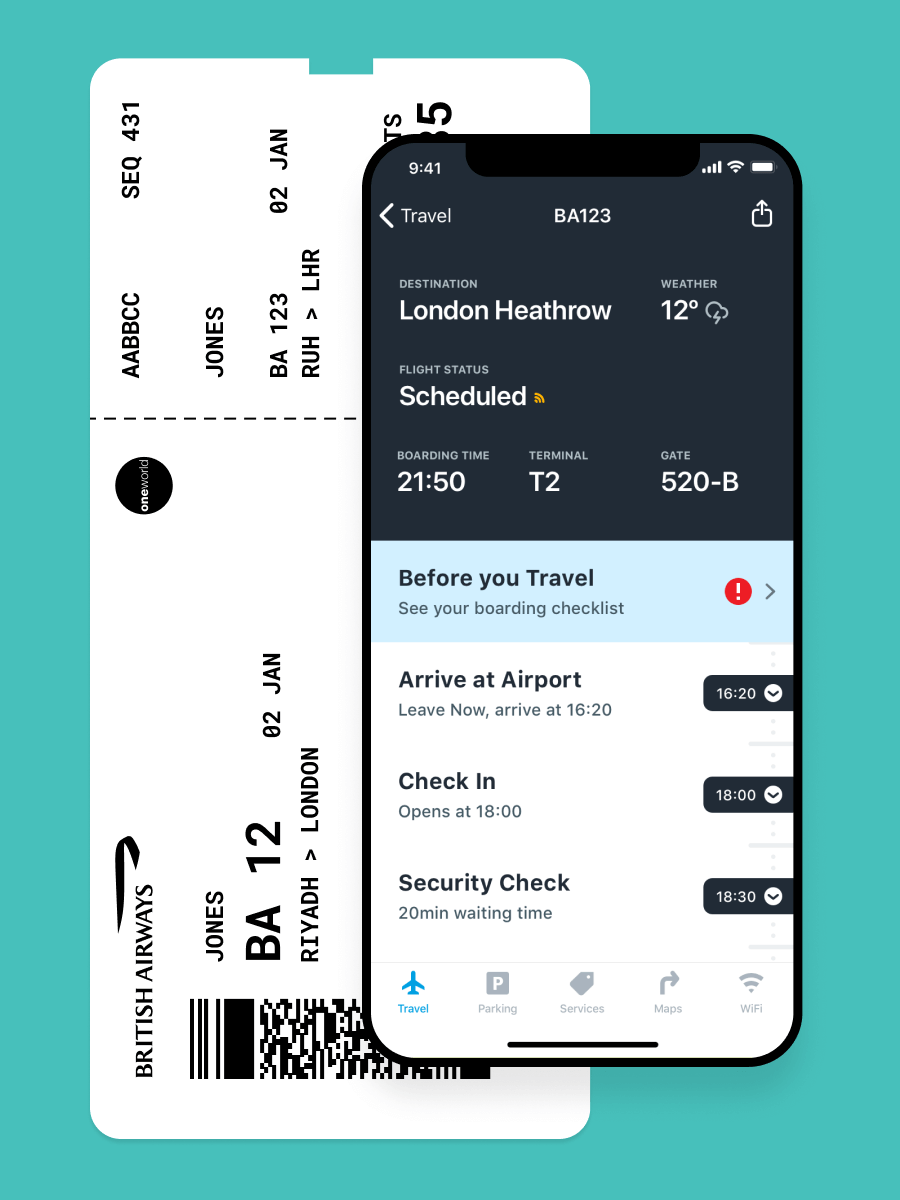 iOS app user interface for Riyadh Airports with iconography and a British Airways ticket.