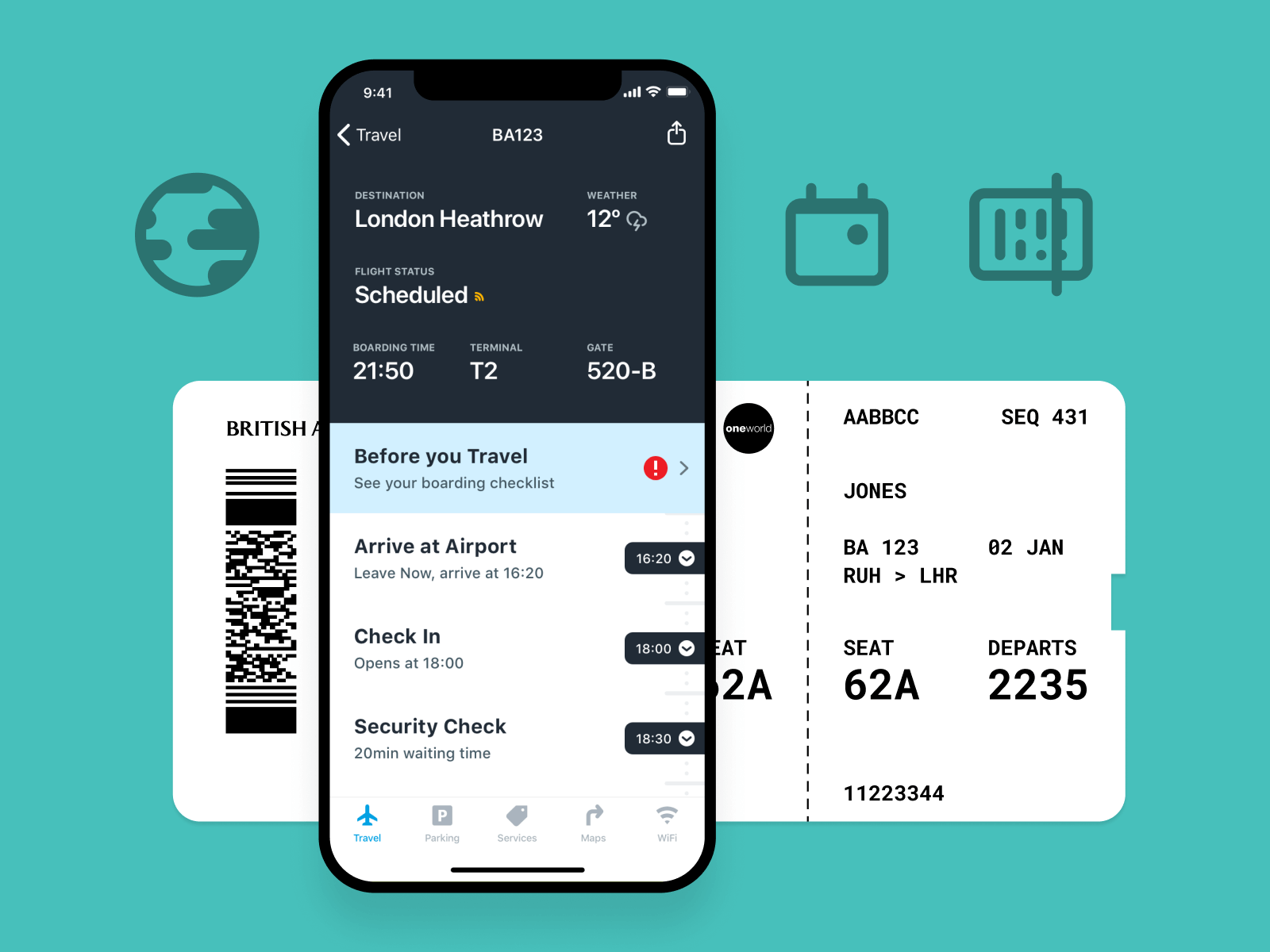 iOS app user interface for Riyadh Airports with iconography and a British Airways ticket.
