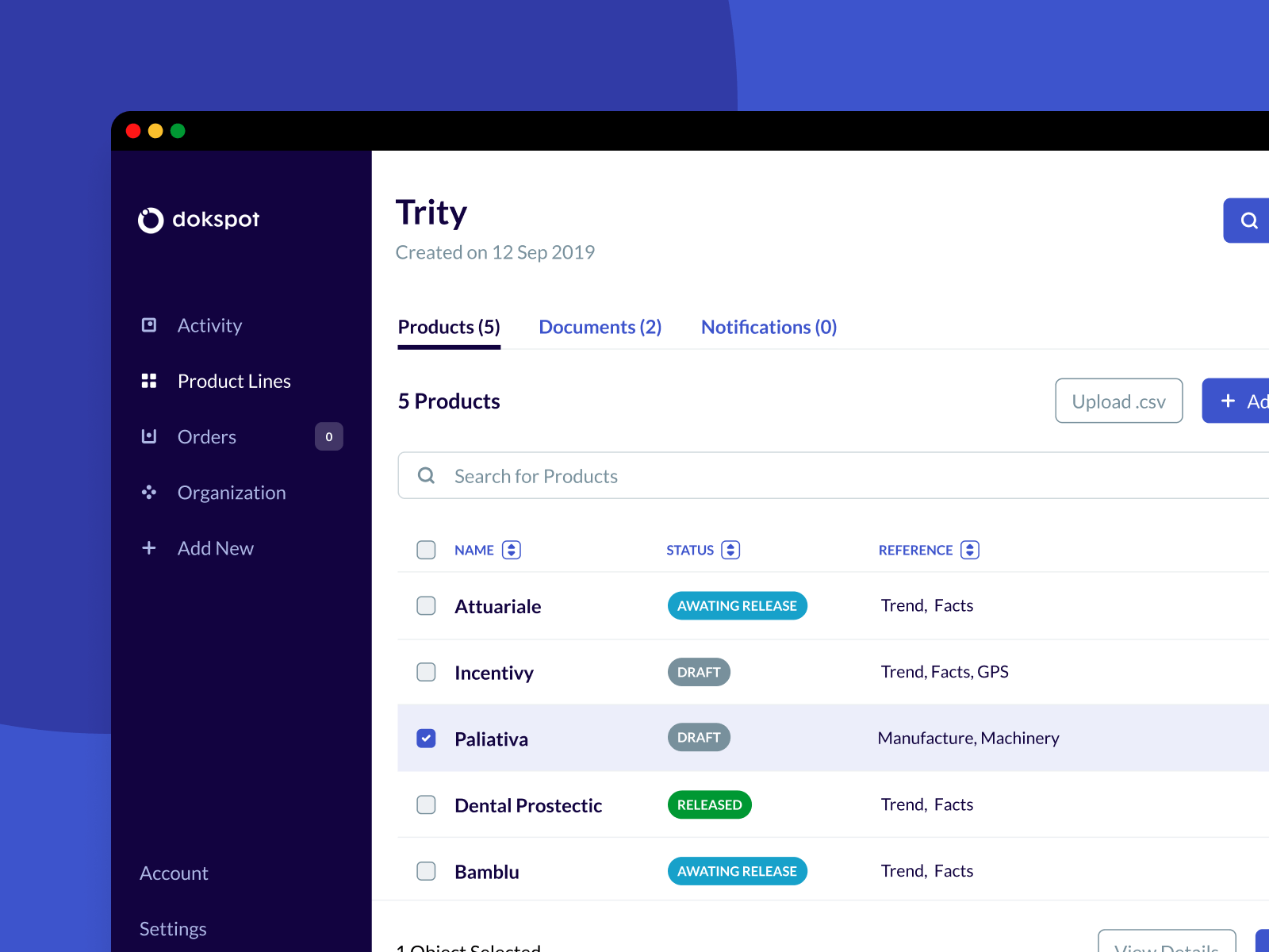 SaaS platform user interface for Dokspot displaying the products within a product line.