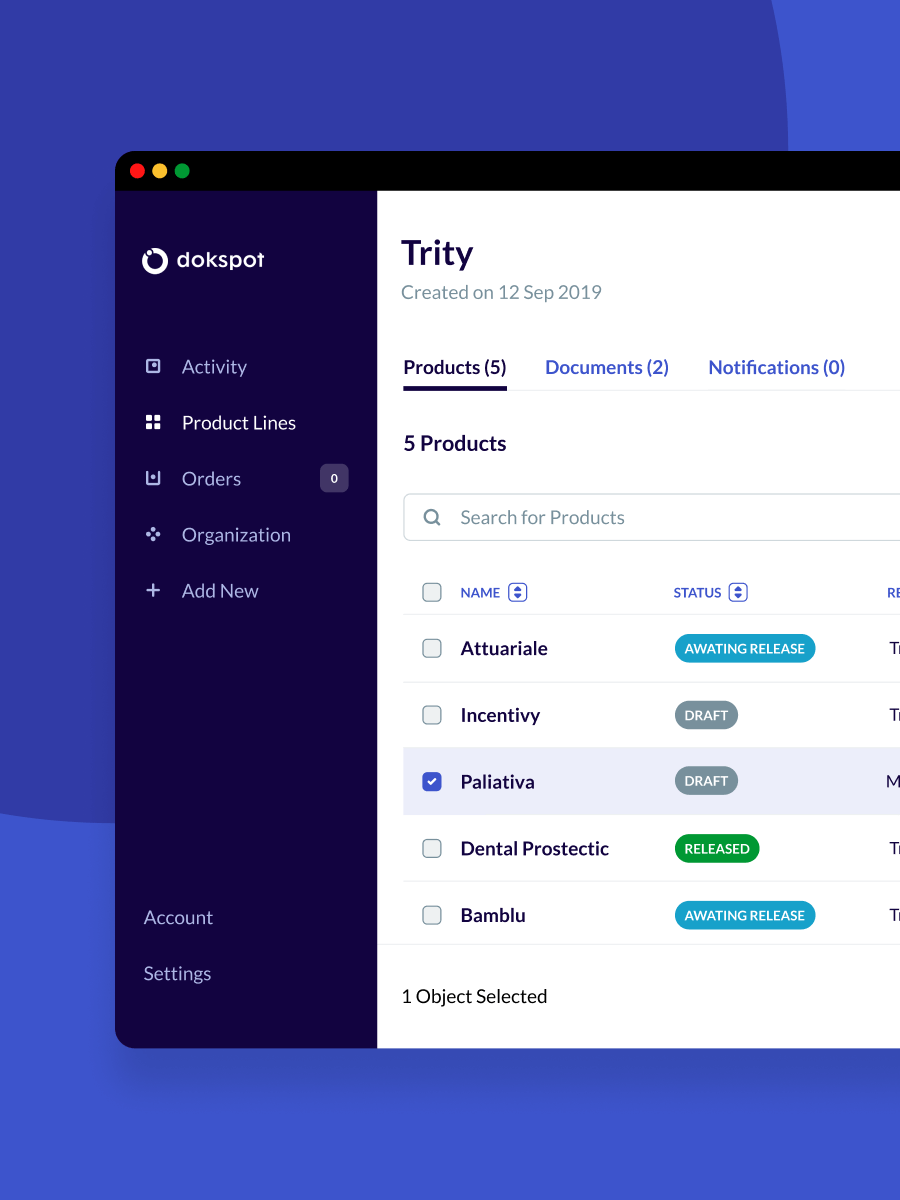 SaaS platform user interface for Dokspot displaying the products within a product line.