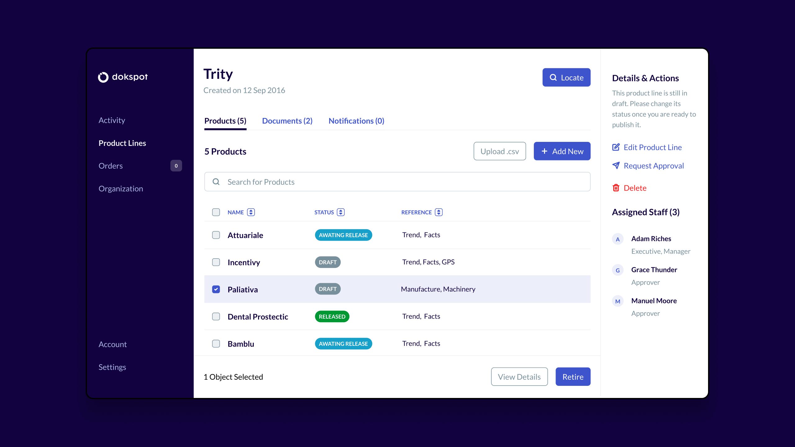 Dokspot's server-side user interface (UI) showing a product line and it's multiple products and documents.