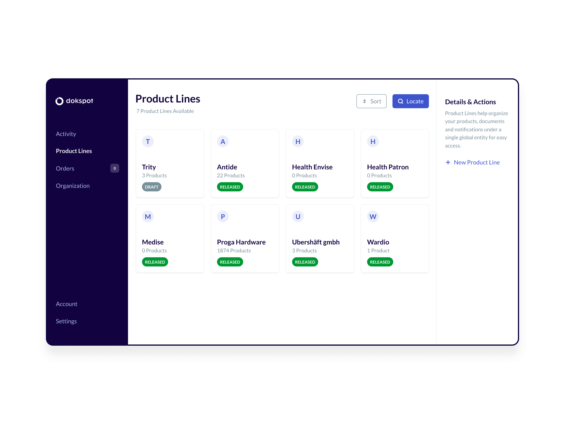 Dokspot's product lines user interface (UI) with 7 products available.