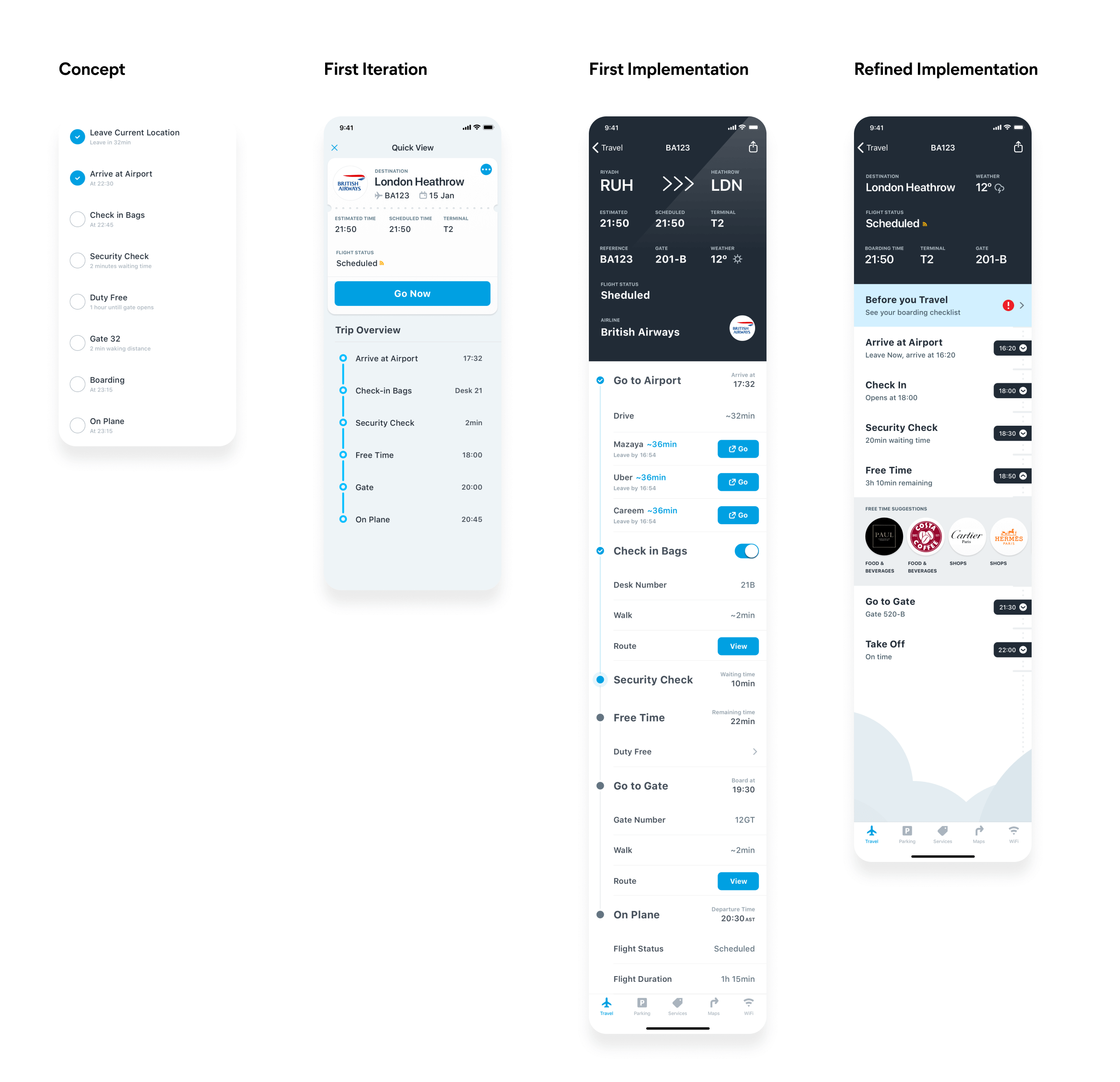 User interface (UI) evolution that Riyadh Airports app has gone through for it's timeline feature.