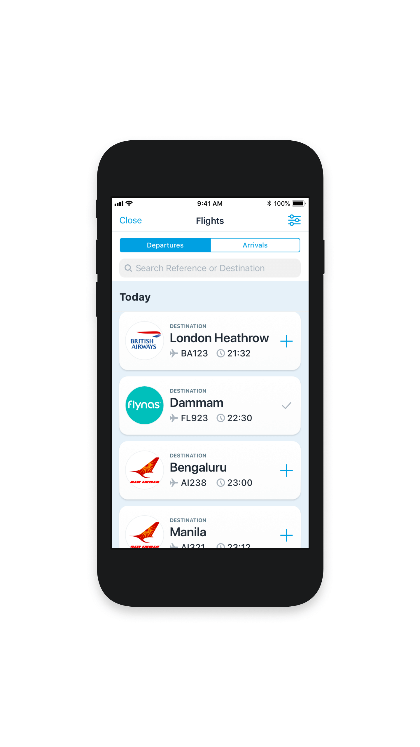 iOS app user interface (UI) for departure flights - Arabic version