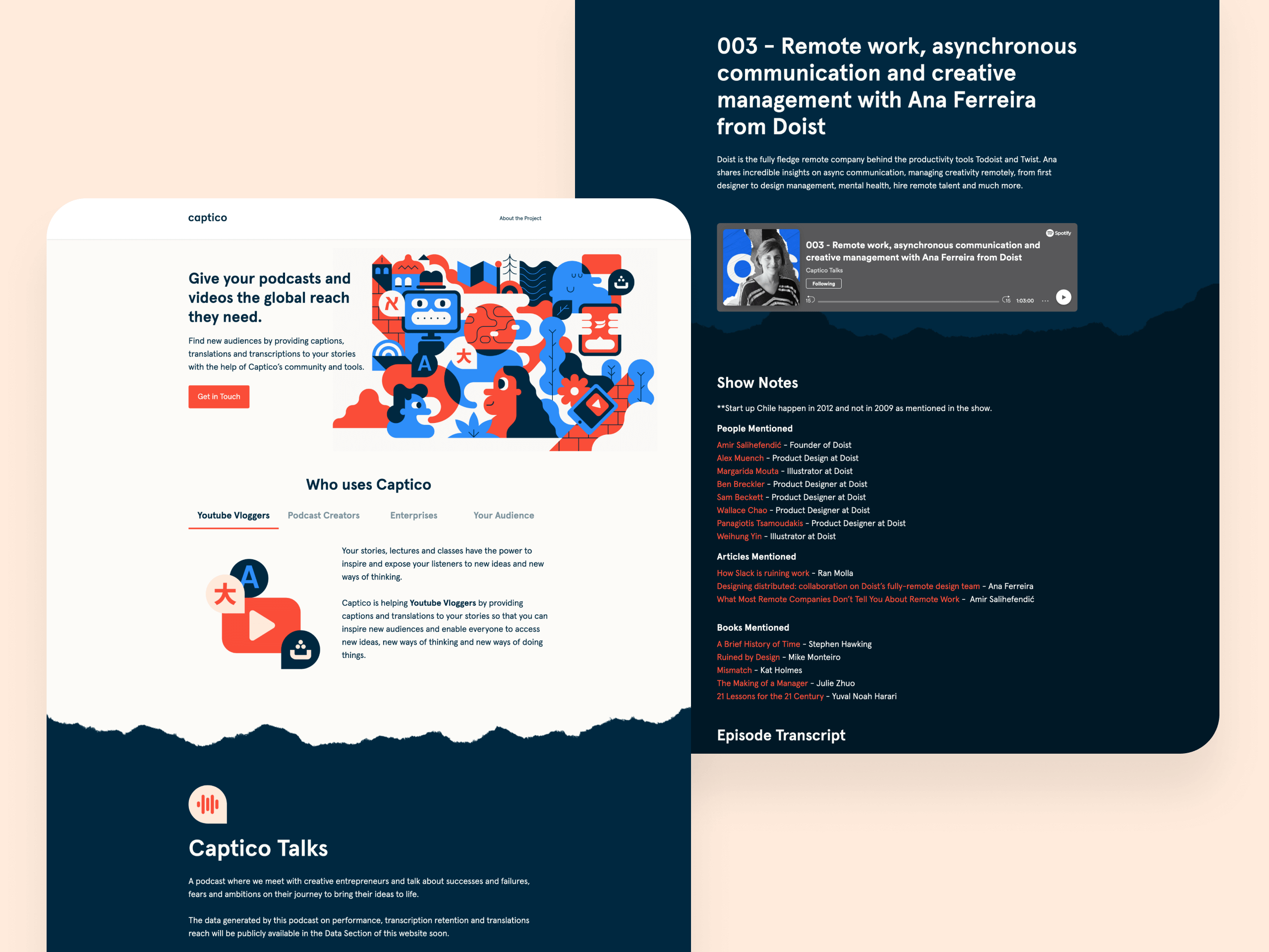 User interface (UI) and illustrations for Captico landing page and podcast pages.