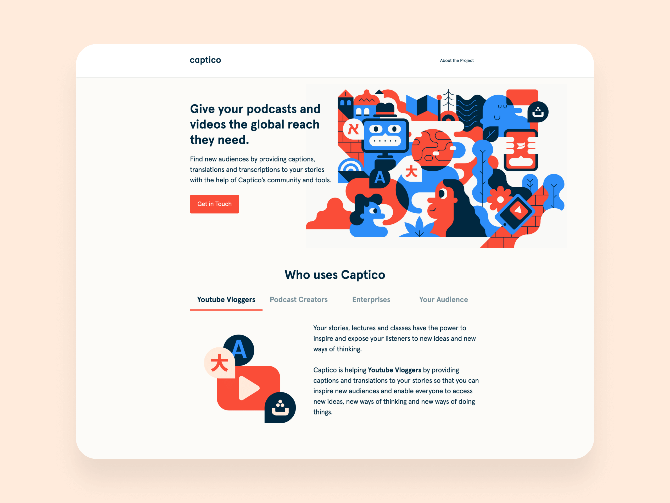 User interface (UI) for Captico's landing page.